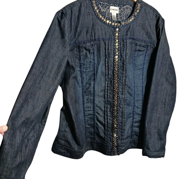 Chico's Size 3, Denim Jacket, Dark Blue, Embellished, Beautifully Lined, 3 = XL - Picture 5 of 12